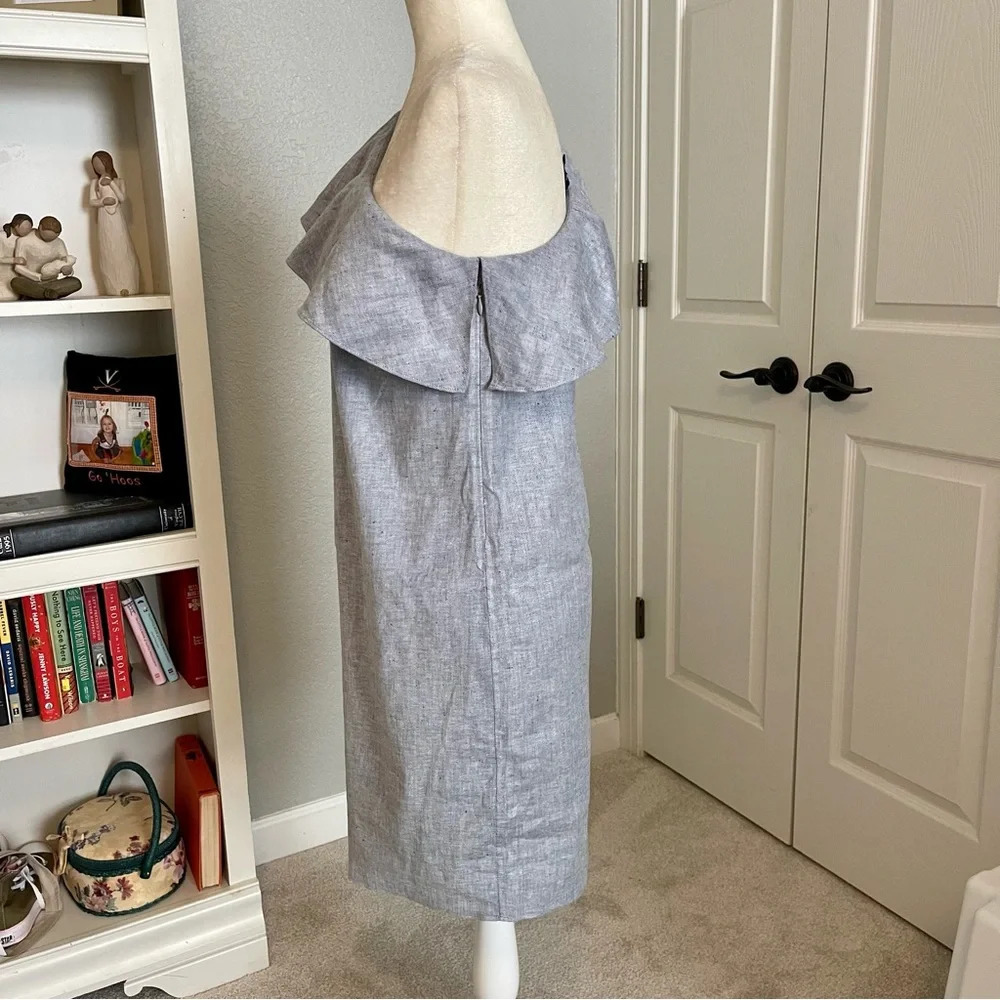 Theory Alexanda One Shoulder Ruffle Dress Light Denim Chambray Sz 8 - Picture 3 of 8